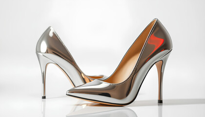 Glamorous women's high heels with a mirror-finish, catching and reflecting light in a dazzling display, set against a white background