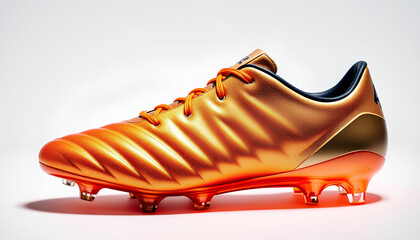 Cutting-edge football cleats with a lustrous, metallic coating, glowing with intensity against a white backdrop