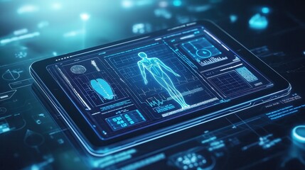 High-tech medical tablet displaying a futuristic digital health interface with biometric data and holographic human anatomy. Perfect for healthcare, AI, and medical technology concepts.