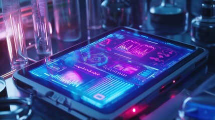 Tablet with a futuristic medical interface displaying health data, placed on a laboratory table with test tubes and equipment. Perfect for medical and technology concepts. Technology background