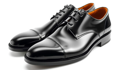 A pair of sophisticated business shoes with a glassy shine, capturing a perfect reflection against a bright white setting