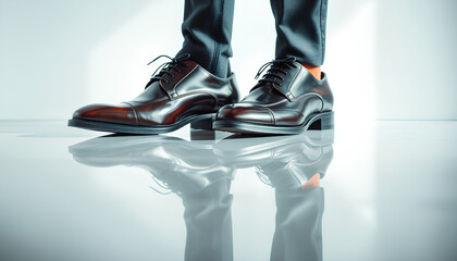 A pair of sophisticated business shoes with a glassy shine, capturing a perfect reflection against a bright white setting