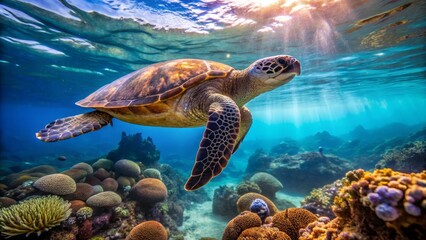 Obraz premium Majestic Sea Turtle Gliding Through Vibrant Coral Reefs Underwater