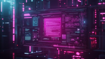 High-tech digital screen displaying cybersecurity data, programming code, and analytics in a futuristic cyber environment with neon pink and blue lighting. Technology background