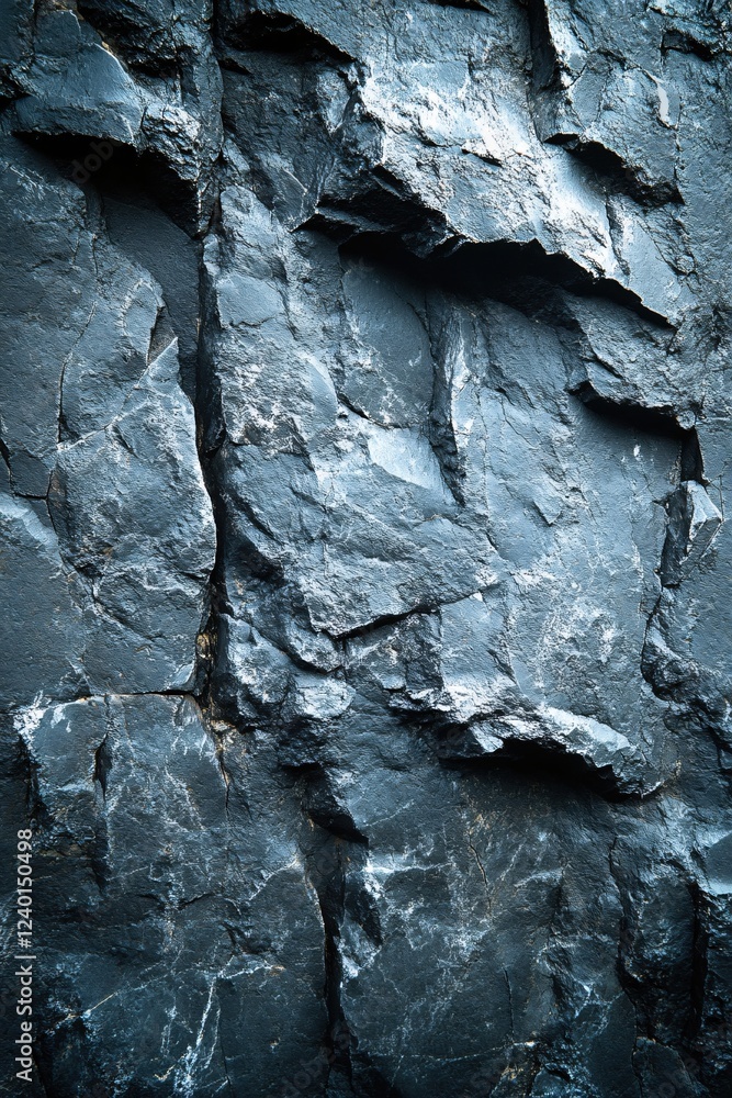 Poster dark rocky surface with rough texture and deep cracks in a close up view with cool tone
