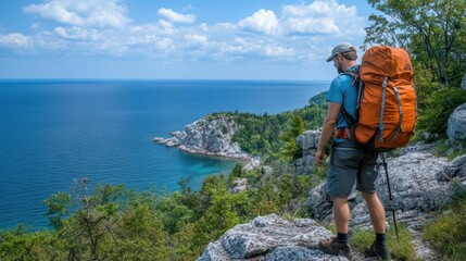 Hiker on rocky cliff overlooking ocean.