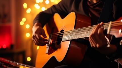 Fototapeta premium Strumming melodies softly under warm lights during a cozy evening. Generative AI