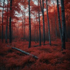 A painterly, impressionistic red forest with a softly blurred background.