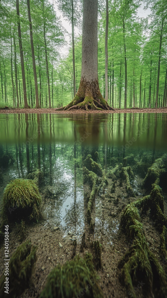Poster forest reflection in clear water showing tree roots and moss in an immersive split view