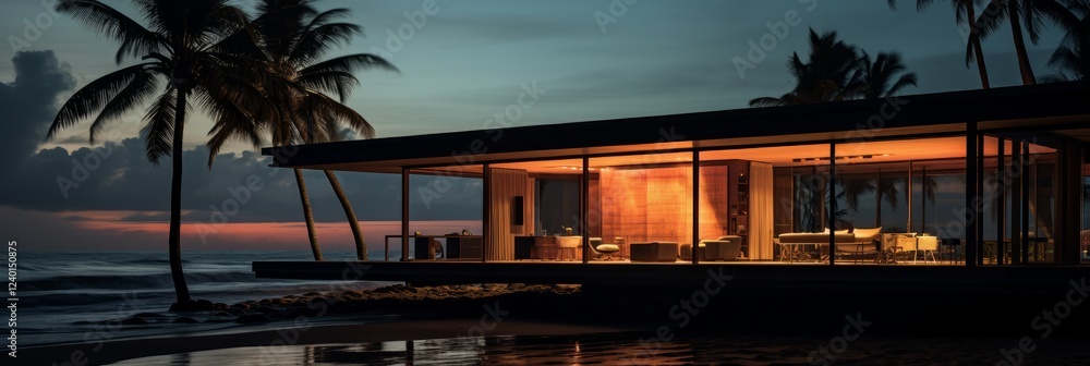 Poster modern beachfront villa illuminated at dusk with palm trees swaying gently. generative ai