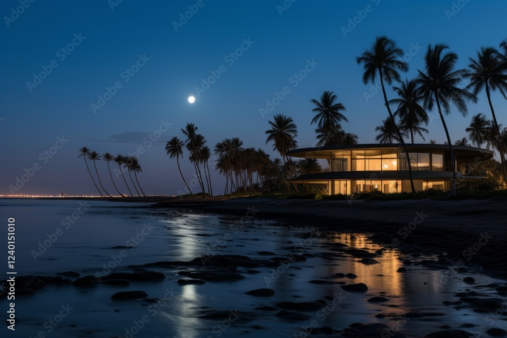 Poster serenity of moonlit shores with palm trees swaying gently at dusk. generative ai