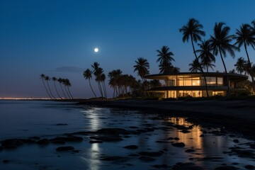 Serenity of moonlit shores with palm trees swaying gently at dusk. Generative AI