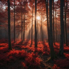 Obraz premium A serene red woodland at dawn, where the sun breaks through the trees.