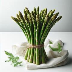 Fresh medicinal asparagus bundle on white fabric with herbal details