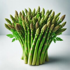 Large bundle of fresh medicinal asparagus with green leaves on white background