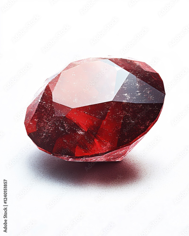 Poster faceted red gem on white background with light reflections and subtle texture details