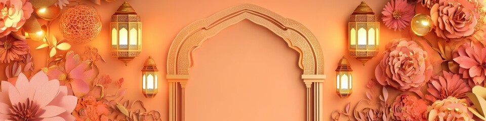 Elegant Ramadan Festive Archway with Paper Flowers and Lanterns