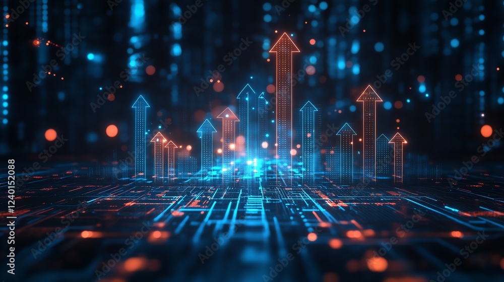 Aufkleber cpu chip with glowing growth arrows and light blue circuit details on a clean dark tech background, 