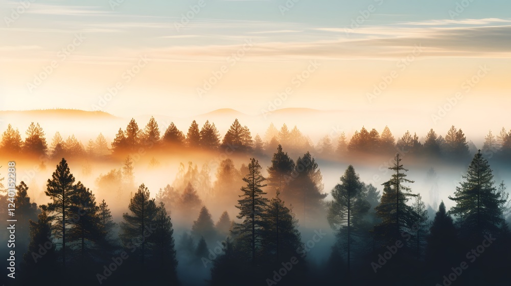 Poster mesmerizing scene of a dense pine forest cloaked in swirling fog at the first light of dawn creating
