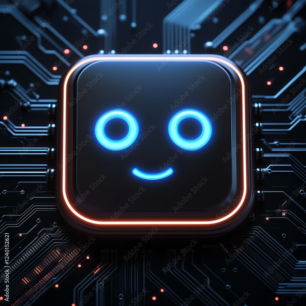 Poster futuristic ai chip with glowing chatbot icon and light blue circuit lines on a clean dark tech backg