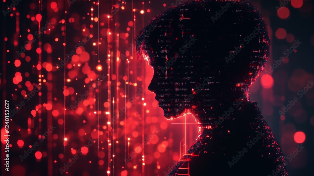 Poster futuristic hacker concept with a dark background, glowing red particles, thin circuits, and a shadow