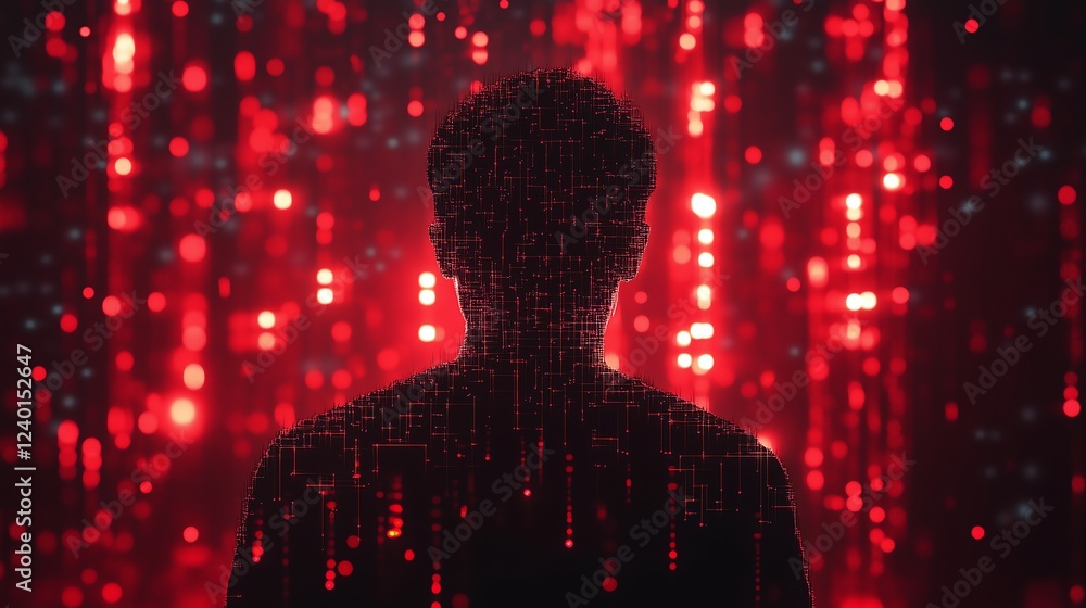 Poster futuristic hacker concept with a dark background, glowing red particles, thin circuits, and a shadow