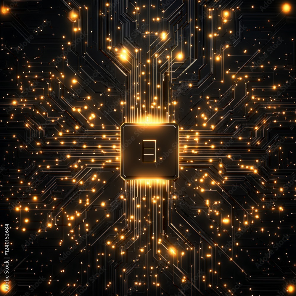 Poster golden symmetrical circuits across a dark background with a glowing central ai chip and subtle light
