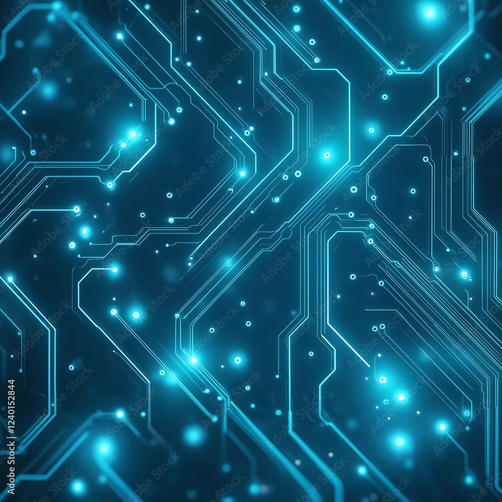 Poster minimalist technology texture with gradient light blue background and thin glowing lines forming a m