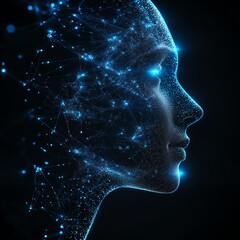 Obraz premium Minimalist low-poly AI face with glowing blue circuit lines running across its structure, set against a dark tech background with ample copy space.