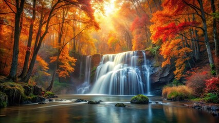 Naklejka premium Serene Waterfall Cascading Through a Vibrant Autumn Forest, Bathed in Golden Sunlight