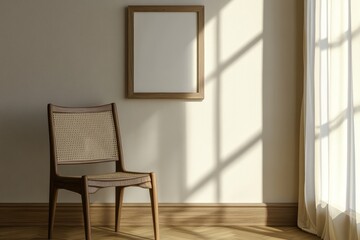 Sunlit room, empty frame, chair, mockup, interior design