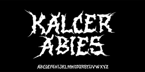 Gothic Punk style type font with Rock and Dark Rock signs and symbols. Dark style font 00s concept. Rock n Roll style lettering, designed in a heavy metal inspired font. Vector illustration