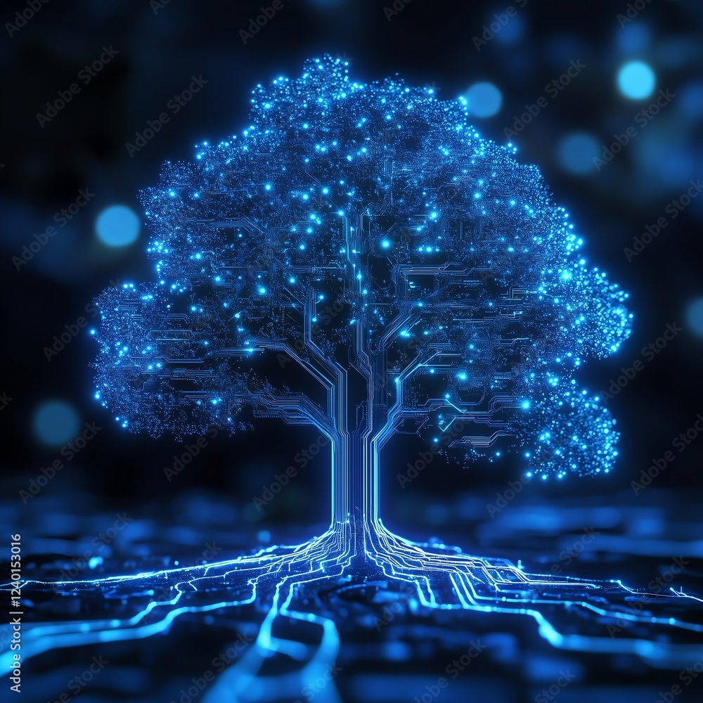 Poster thin glowing circuit lines forming a tree-like structure, blending nature and technology with gradie