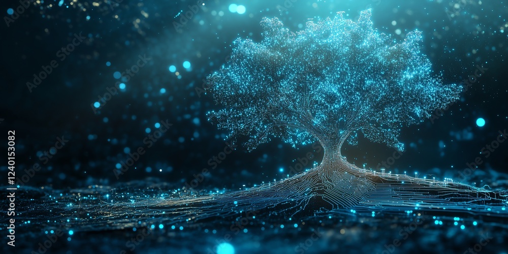 Aufkleber thin glowing circuit lines forming a tree-like structure, blending nature and technology with gradie