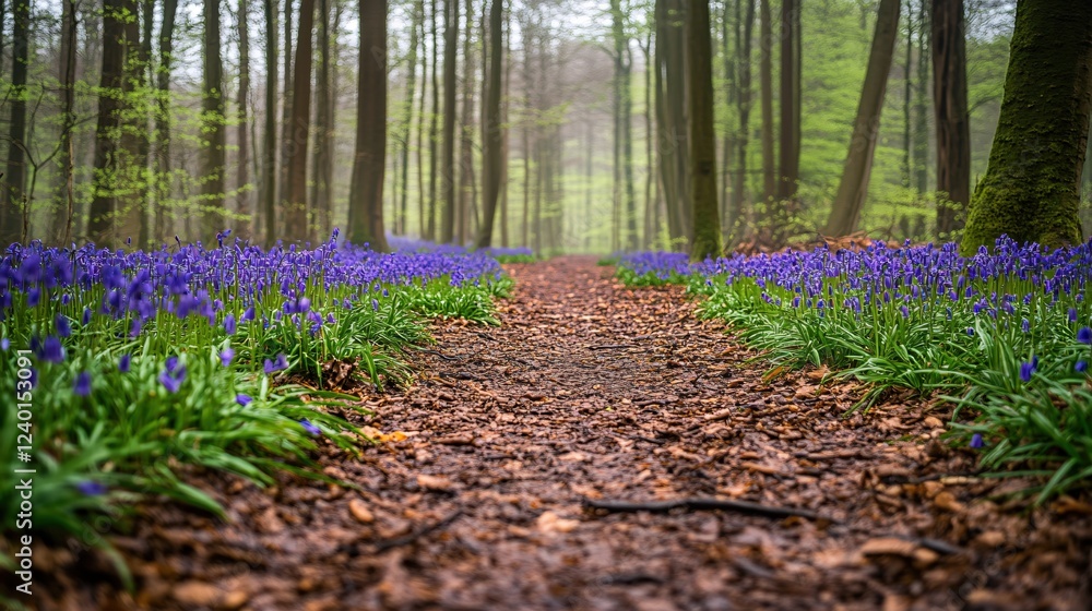 Poster forest path with bluebells in spring with tall trees and a misty atmosphere in the woods