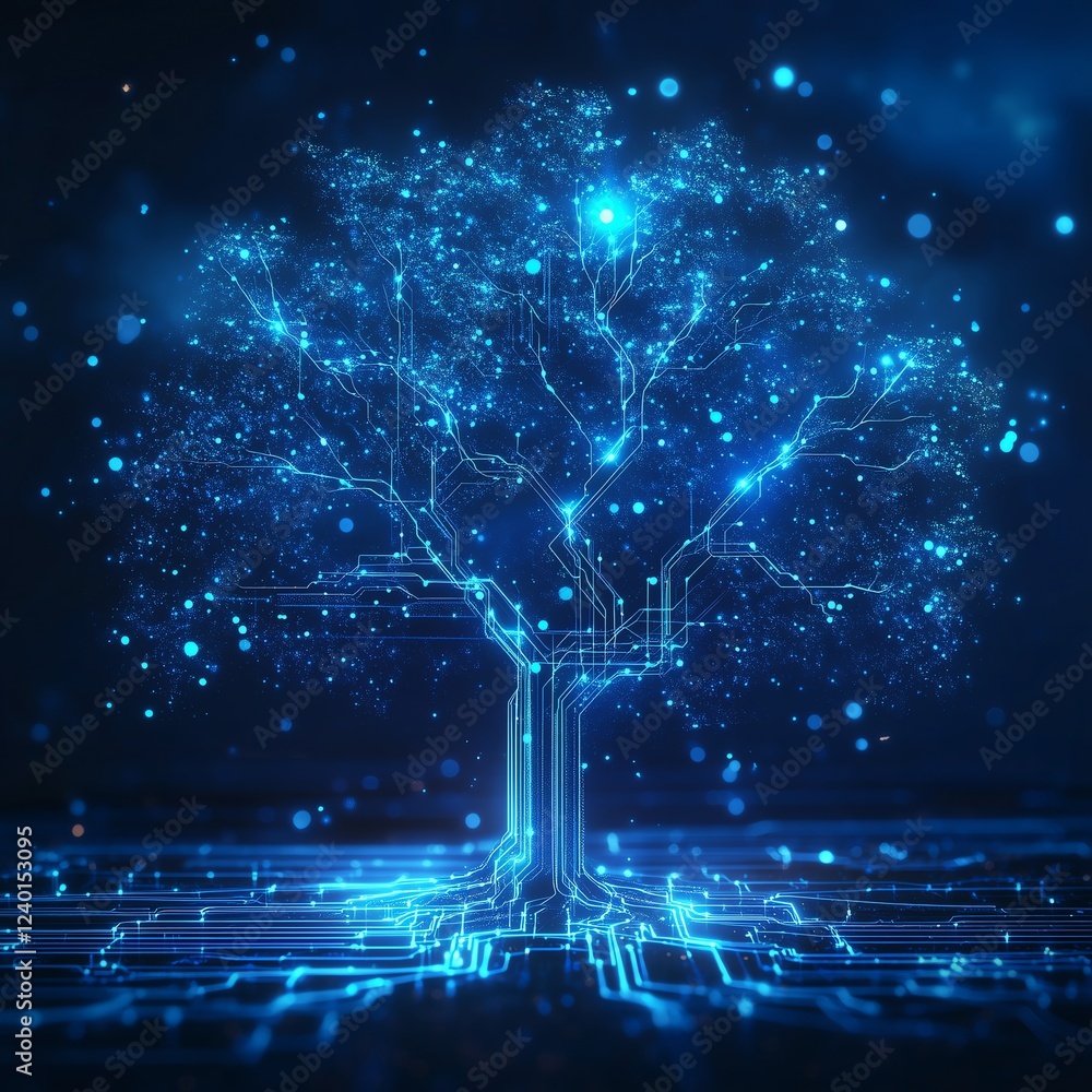 Aufkleber thin glowing circuit lines forming a tree-like structure, blending nature and technology with gradie