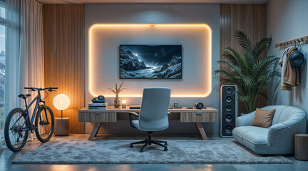 modern room interior with computer and bicycle . Generative AI