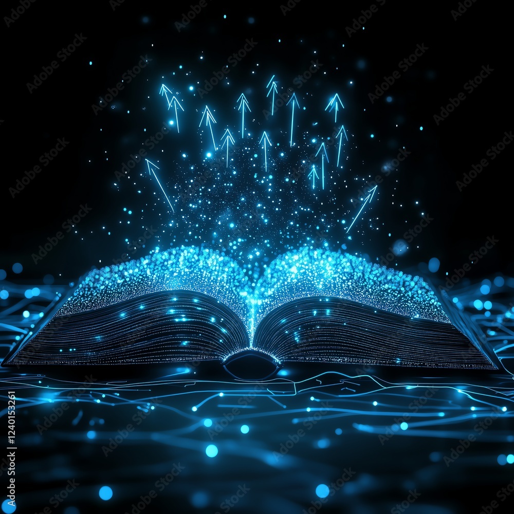 Poster glowing digital book with light-blue pages and upward arrows symbolizing growth and learning. clean 