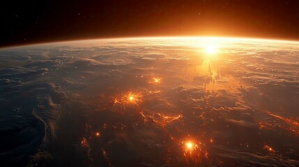Sunrise Earth: A Breathtaking View of Our Planet from Space, Showing City Lights and Clouds at Dawn. A Stunning Cosmic Panorama