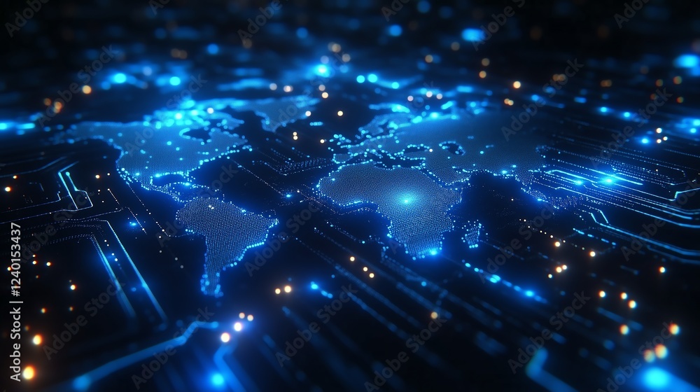 Poster abstract futuristic world map with glowing blue circuit lines connecting global nodes, ideal for tec