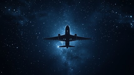Naklejka premium Abstract Digital Airplane Flying Into a Starry Night, Polygonal Design with Minimal Line Art on a Dark Background, Representing the Future of Travel and Exploration
