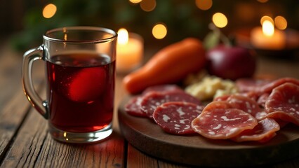 A cozy pairing of mulled wine with a selection of cured meats like salami and prosciutto. The wine balances the savory flavors, creating a perfect cozy evening spread.