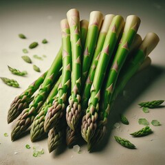 Fresh medicinal asparagus spears with sea salt and herbs on a neutral surface