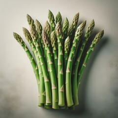 Bunch of fresh medicinal asparagus spears arranged on a textured neutral background