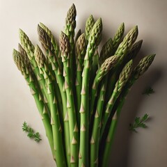 Close-up of fresh medicinal asparagus spears with delicate green leaves on a neutral background
