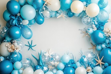 Coastal themed balloon decoration beach setting celebration decor bright colors aerial view festive atmosphere