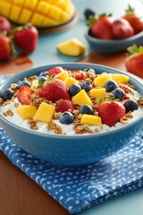 Delicious Tropical Yogurt Parfait with Granola, Berries and Mango