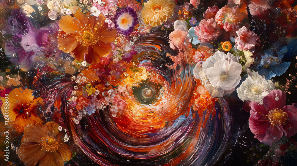Aufkleber imaginative explosion of colorful flowers in a swirling cosmic background at the height of spring's 