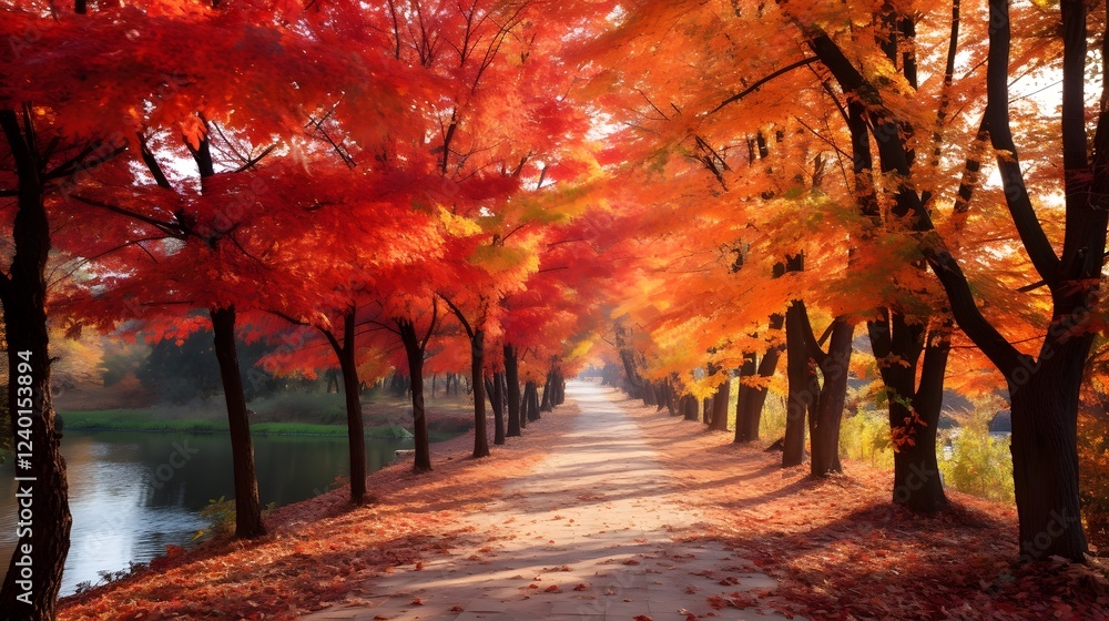 Poster vibrant autumn park with a peaceful walking path covered in a beautiful array of colorful fallen lea