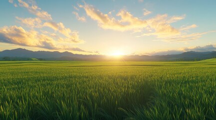 Fototapeta premium Sunset over vibrant green field, mountain backdrop, idyllic landscape, nature imagery